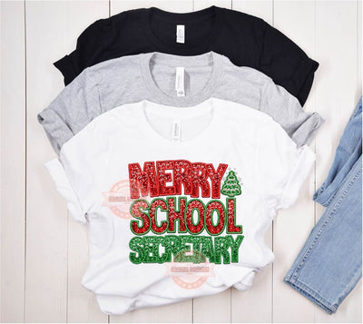 Merry School Secretary Sequin PNG, Original School Christmas Faux Embroidery with Red and Green Glitter Sublimation & DTF Design Download