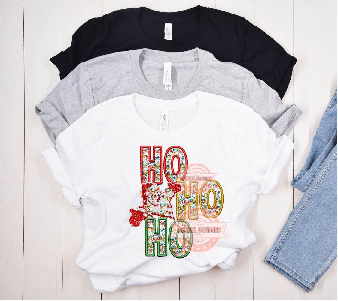 Ho Ho Ho Faux Embroidery Sequin PNG, Original Christmas Design with Red, Green, gold & white Glitter Lights T shirt Sublimation Design