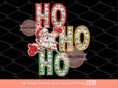 Ho Ho Ho Faux Embroidery Sequin PNG, Original Christmas Design with Red, Green, gold & white Glitter Lights T shirt Sublimation Design