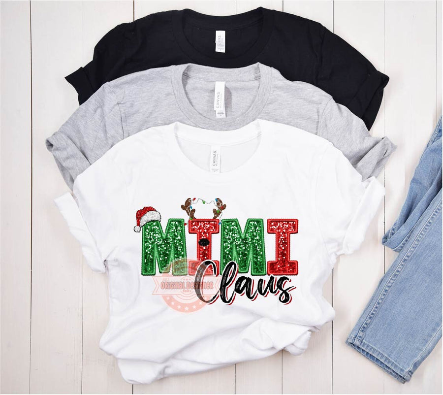 Mimi Claus Faux Embroidery Sequin PNG, Original Christmas Design with Red and Green Glitter Reindeer Antlers &  Santa Hat Sublimation Design