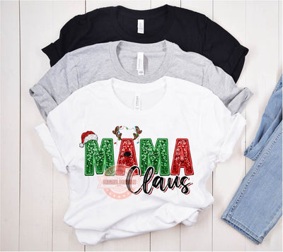 Mama Claus Faux Embroidery Sequin PNG, Original Christmas Design with Red and Green Glitter Reindeer Antlers & Santa Hat Sublimation Digital