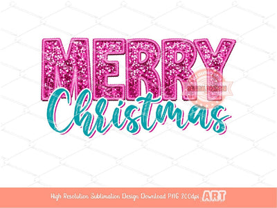 Pink Merry Christmas Sequin PNG Bundle, Original Xmas Faux Embroidery with Pink and Teal Blue Glitter sequins Png Sublimation & DTF Digital