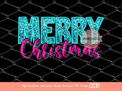 Pink Merry Christmas Sequin PNG Bundle, Original Xmas Faux Embroidery with Pink and Teal Blue Glitter sequins Png Sublimation & DTF Digital