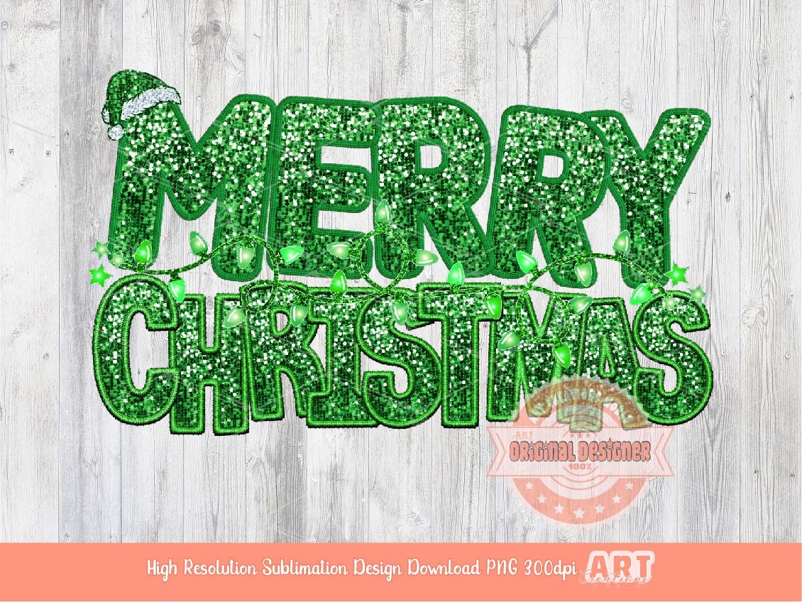 Merry Christmas Green Sequin PNG, Original Xmas Faux Embroidery with Retro Green Glitter Lights and Santa hat Sublimation Design Download