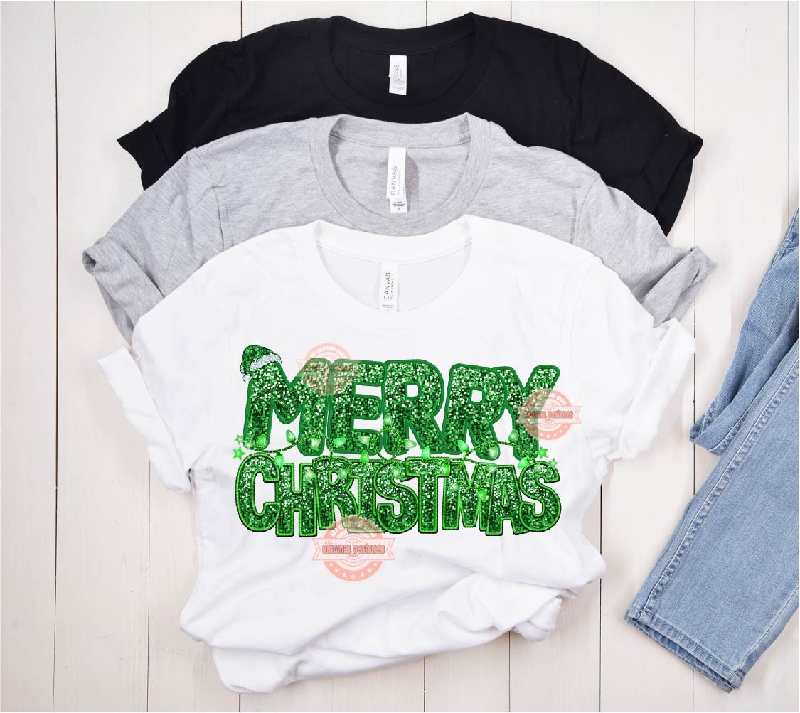 Merry Christmas Green Sequin PNG, Original Xmas Faux Embroidery with Retro Green Glitter Lights and Santa hat Sublimation Design Download