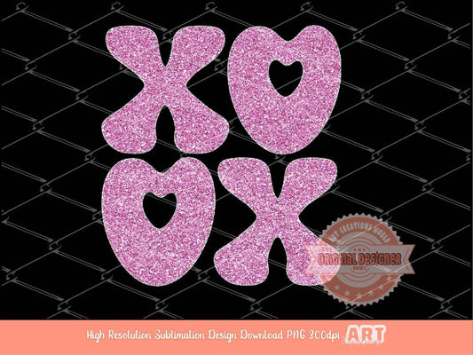 Xoxo Pink Glitter PNG, Original Glam sparkle Pink Heart Love Valentines Day Png Sublimation & DTF Print Valentine T shirt Design Download