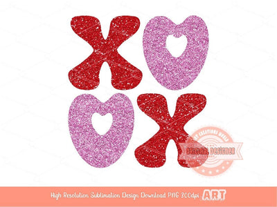 Xoxo Pink Red Glitter PNG, Original Glam sparkle Heart Love Valentines Day Png Sublimation & DTF Print Valentine T shirt Design Download