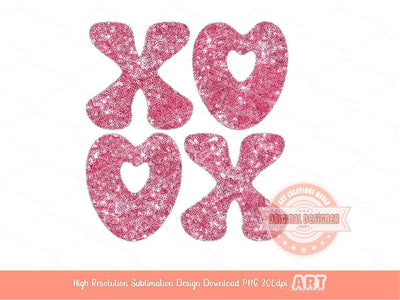 Xoxo Rose Pink Sequin PNG, Original Glitter Glam sparkle Heart Valentines Day Png Sublimation & DTF Print Valentine T shirt Design Download