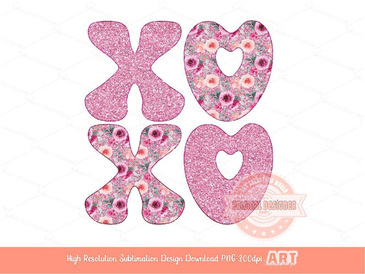 Xoxo Pink Floral Glitter PNG, Original Glam Pink Love Flowers Valentines Day Png Sublimation & DTF Print Valentine shirt Design Download