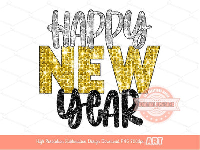 Happy New Year Sequin PNG, Yellow Gold Silver Black Disco Glitter with Fireworks Png Sublimation, New Years Eve Party Shirt Design Download