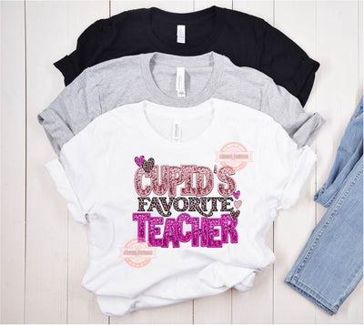 Cupid's Favorite Teacher Sequin PNG, Pink Valentine Faux Embroidery Glitter Leopard T shirt Design,  Happy Valentine's Day Png Sublimation