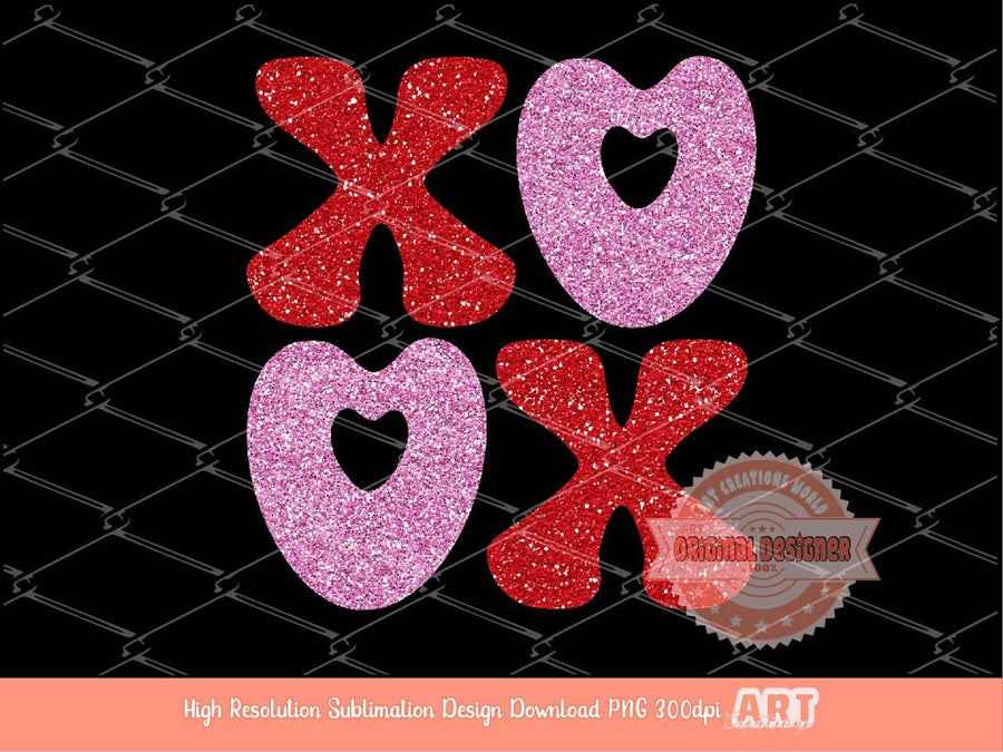 Xoxo Pink Red Glitter PNG, Original Glam sparkle Heart Love Valentines Day Png Sublimation & DTF Print Valentine T shirt Design Download