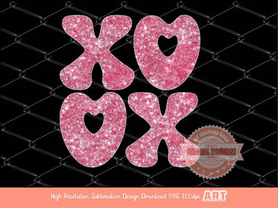 Xoxo Rose Pink Sequin PNG, Original Glitter Glam sparkle Heart Valentines Day Png Sublimation & DTF Print Valentine T shirt Design Download