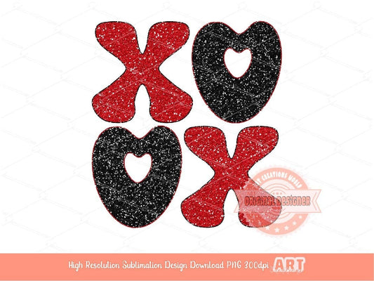 Xoxo Black Red Glitter PNG, Original Glam sparkle Heart Love Valentines Day Png Sublimation & DTF Print Valentine T shirt Design Download