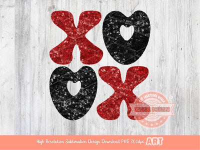 Xoxo Black Red Sequin PNG, Original Glitter Glam Heart Love Valentines Day Png Sublimation & DTF Print Valentine T shirt Design Download