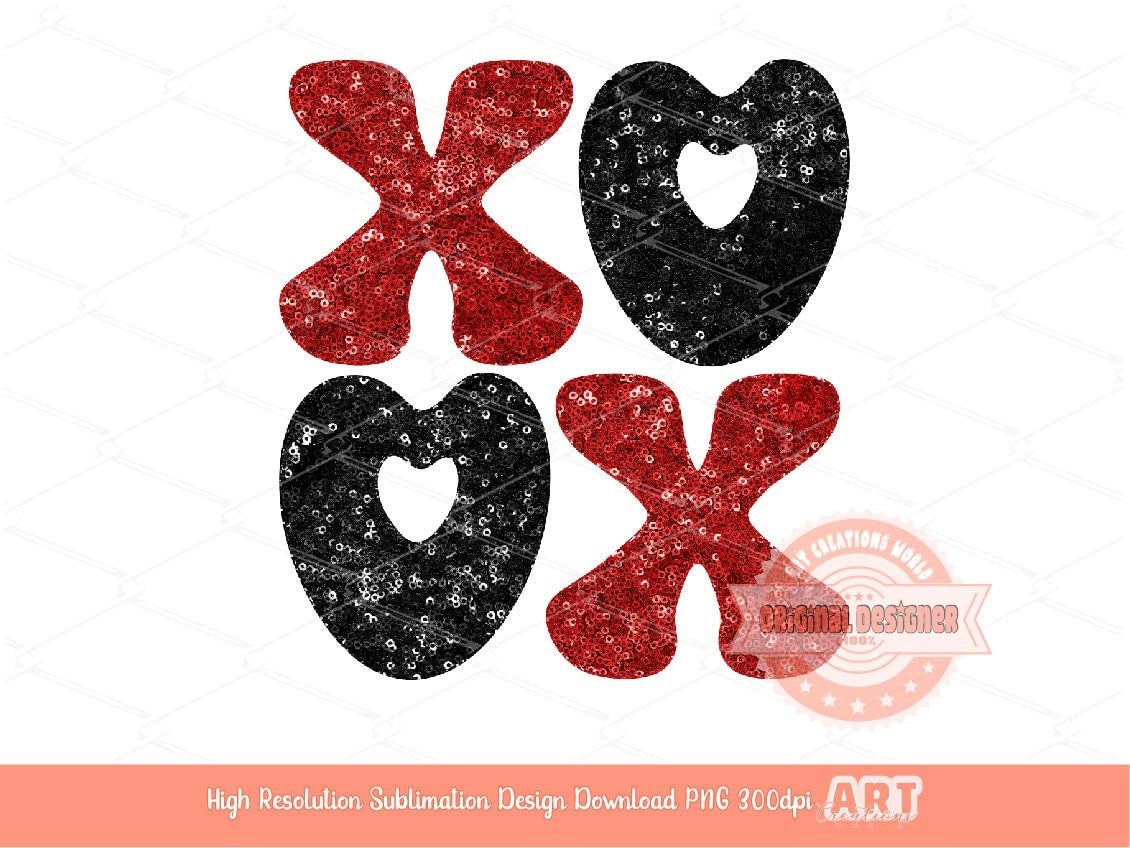 Xoxo Black Red Sequin PNG, Original Glitter Glam Heart Love Valentines Day Png Sublimation & DTF Print Valentine T shirt Design Download