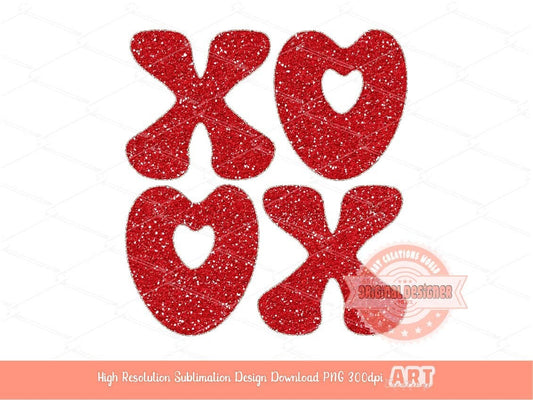 Xoxo Red Glitter PNG, Original Glam sparkle Heart Love Valentines Day Png Sublimation & DTF Print Valentine T shirt Design Download