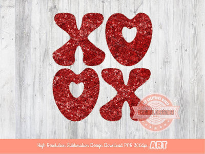 Xoxo Red Sequin PNG, Original Glitter Glam Heart Love Valentines Day Png Sublimation & DTF Print Valentine T shirt Design Download