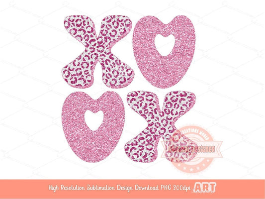 Xoxo Pink Glitter Leopard PNG, Original Glam sparkle Pastel Pink Valentines Day Png Sublimation & DTF Print Valentine shirt Design Download