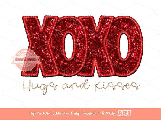 Xoxo Hugs And Kisses Sequin PNG, Faux Embroidery Red Glitter Glam Love Valentines Day Sublimation & DTF Print Valentine Vibes shirt Design