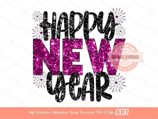 Happy New Year Sequin PNG, Pink Disco Glitter with Fireworks Png Sublimation, New Years Eve Party T Shirt Design Download