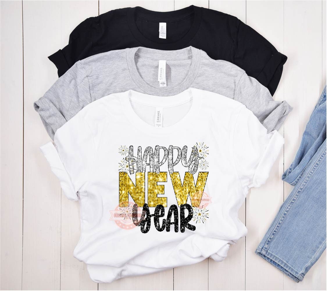 Happy New Year Sequin PNG, Yellow Gold Silver Black Disco Glitter with Fireworks Png Sublimation, New Years Eve Party Shirt Design Download