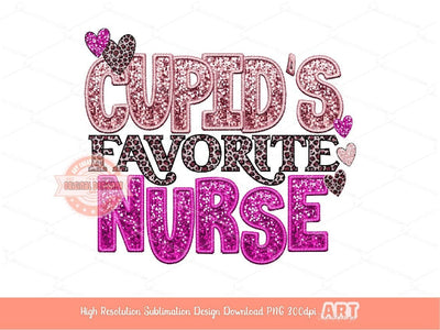 Cupid's Favorite Nurse Sequin PNG, Pink Valentine Faux Embroidery Glitter Leopard RN ER Ed Icu Labor Shirt Design Valentines Day Sublimation