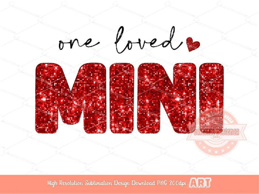 One Loved Mini Glitter PNG, Red Disco Sequin Heart Love Valentines Day Png Sublimation & DTF Print Valentine T shirt Design Download