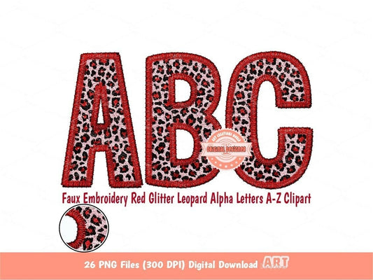 Faux Embroidery Red Glitter Leopard Letters PNG, Cheetah Print Valentine Alpha Set Clipart, Red Alphabet Sublimation & DTF Downloads