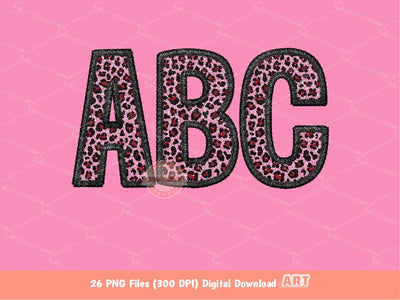 Faux Embroidery Red Pink Glitter Leopard Letters PNG, Cheetah Print Valentine Alpha Set Clipart, Cute Alphabet Sublimation & DTF Downloads