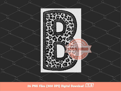 Faux Embroidery Black Silver Glitter Leopard Letters PNG, Grey Cheetah Print Alpha Set Clipart, Wild Alphabet Sublimation & DTF Downloads