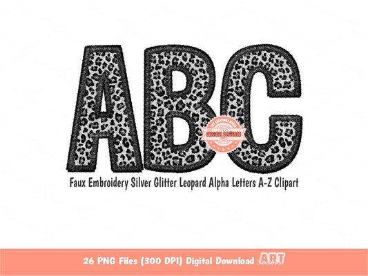 Faux Embroidery Black Silver Glitter Leopard Letters PNG, Grey Cheetah Print Alpha Set Clipart, Wild Alphabet Sublimation & DTF Downloads