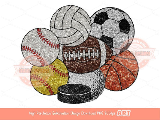 Sports Balls Sequin PNG Bundle, Football, Baseball, Softball, Basketball, Soccer ball, Volleyball, Golf ball Hockey Puck Glitter Clipart Png