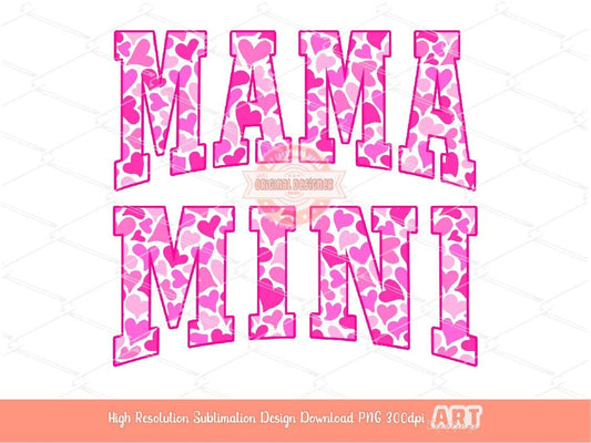 Mama Mini Pink Hearts PNG, Cute Mommy and me Valentine Varsity Shirt Design, Matching Mother & Daughter Sublimation Designs Digital Download