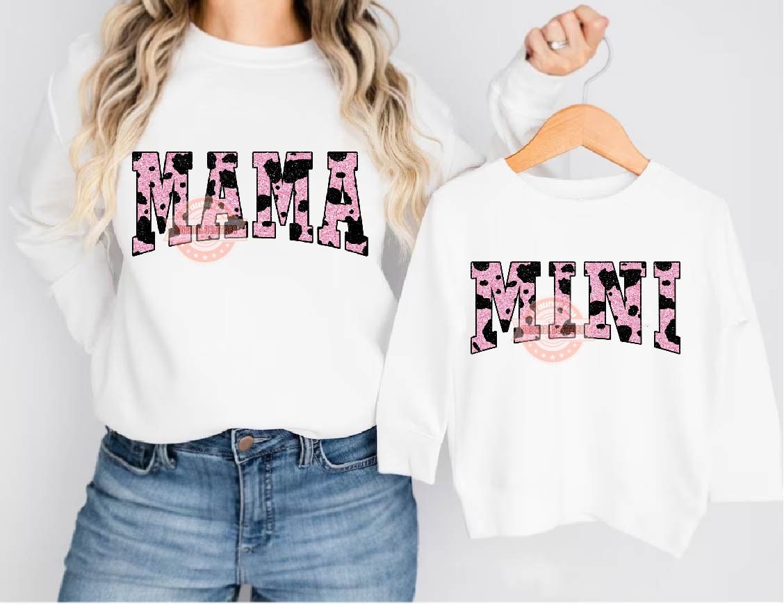 Mama Mini Pink Black Glitter Cow Print PNG, Cute Mommy and me Varsity Shirt Design, Matching Mother & Daughter Sublimation Digital Download