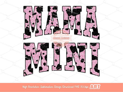 Mama Mini Pink Black Glitter Cow Print PNG, Cute Mommy and me Varsity Shirt Design, Matching Mother & Daughter Sublimation Digital Download