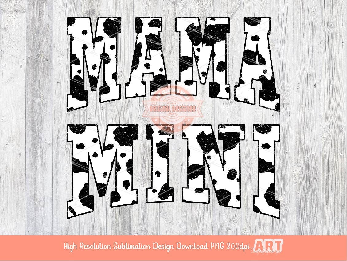 Mama Mini Glitter Cow Print PNG, Cute Western Mommy and me Varsity Shirt Design, Matching Mother & Daughter Sublimation Png Digital Download