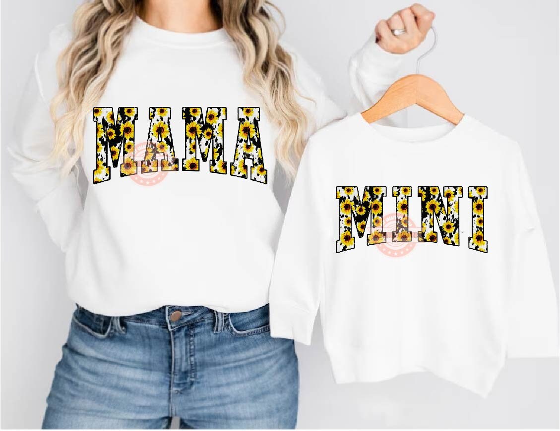 Mama Mini Sunflower Cow Print PNG, Cute Western Mommy and me Varsity Shirt Design, Matching Mother & Daughter Sublimation Digital Download