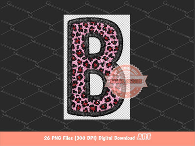 Faux Embroidery Red Pink Glitter Leopard Letters PNG, Cheetah Print Valentine Alpha Set Clipart, Cute Alphabet Sublimation & DTF Downloads