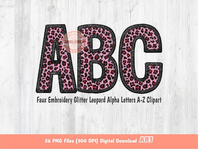 Faux Embroidery Red Pink Glitter Leopard Letters PNG, Cheetah Print Valentine Alpha Set Clipart, Cute Alphabet Sublimation & DTF Downloads