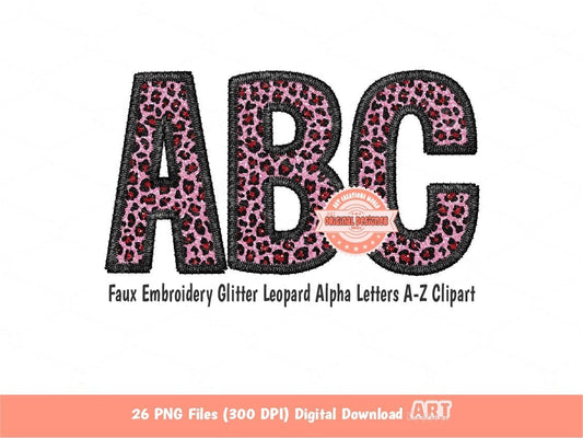 Faux Embroidery Red Pink Glitter Leopard Letters PNG, Cheetah Print Valentine Alpha Set Clipart, Cute Alphabet Sublimation & DTF Downloads