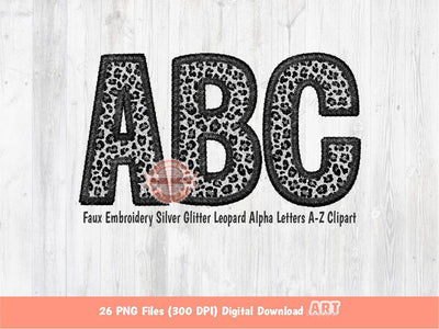 Faux Embroidery Black Silver Glitter Leopard Letters PNG, Grey Cheetah Print Alpha Set Clipart, Wild Alphabet Sublimation & DTF Downloads