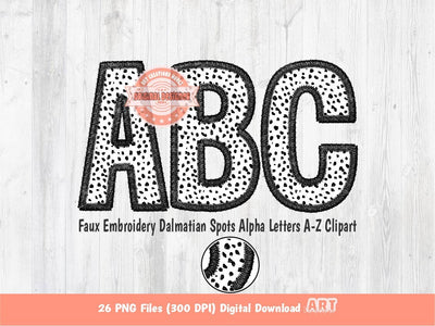 Faux Embroidery Dalmatian Spots Letters PNG, Animal Print Alpha Set Clipart, Glitter Black Dots Alphabet Sublimation & DTF Digital Download