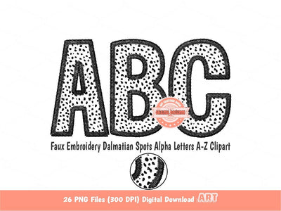Faux Embroidery Dalmatian Spots Letters PNG, Animal Print Alpha Set Clipart, Glitter Black Dots Alphabet Sublimation & DTF Digital Download