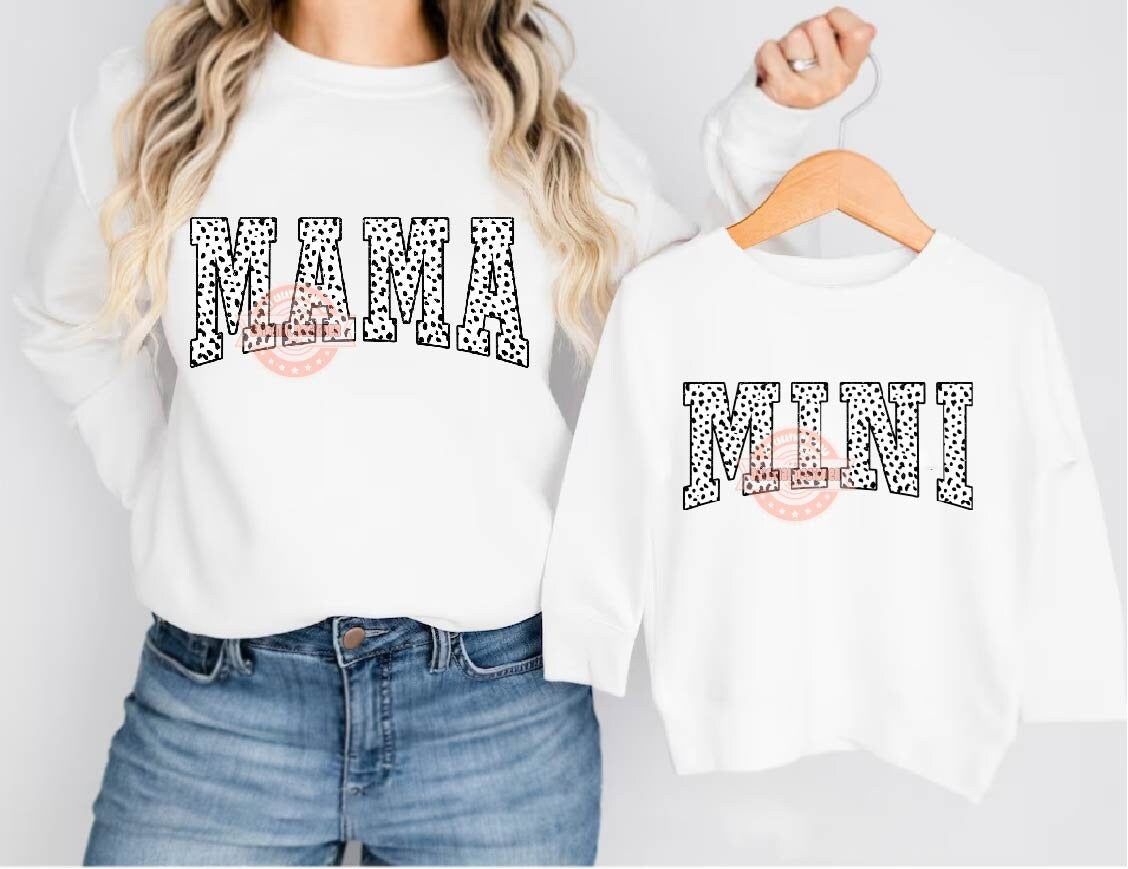 Mama Mini Dalmatian PNG, Cute Mommy and me Glitter Black Animal Spots Varsity Shirt Design Matching Mother & Daughter Sublimation Download