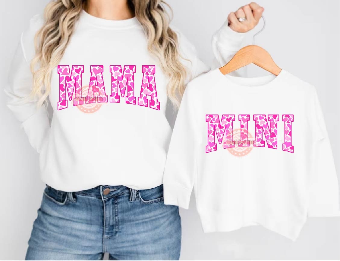 Mama Mini Pink Hearts PNG, Cute Mommy and me Valentine Varsity Shirt Design, Matching Mother & Daughter Sublimation Designs Digital Download