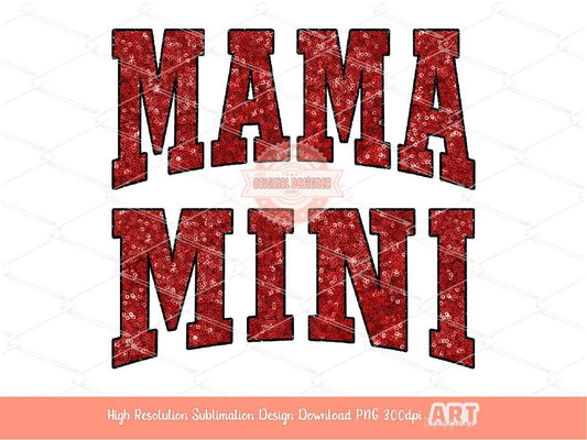 Mama Mini Red Sequin PNG, Cute Mommy and me Valentine Varsity Shirt Design, Matching Mother & Daughter Sublimation Designs Digital Download