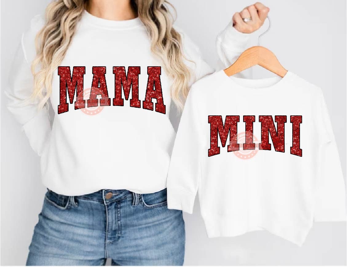 Mama Mini Red Sequin PNG, Cute Mommy and me Valentine Varsity Shirt Design, Matching Mother & Daughter Sublimation Designs Digital Download