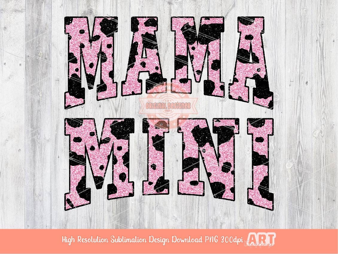 Mama Mini Pink Black Glitter Cow Print PNG, Cute Mommy and me Varsity Shirt Design, Matching Mother & Daughter Sublimation Digital Download