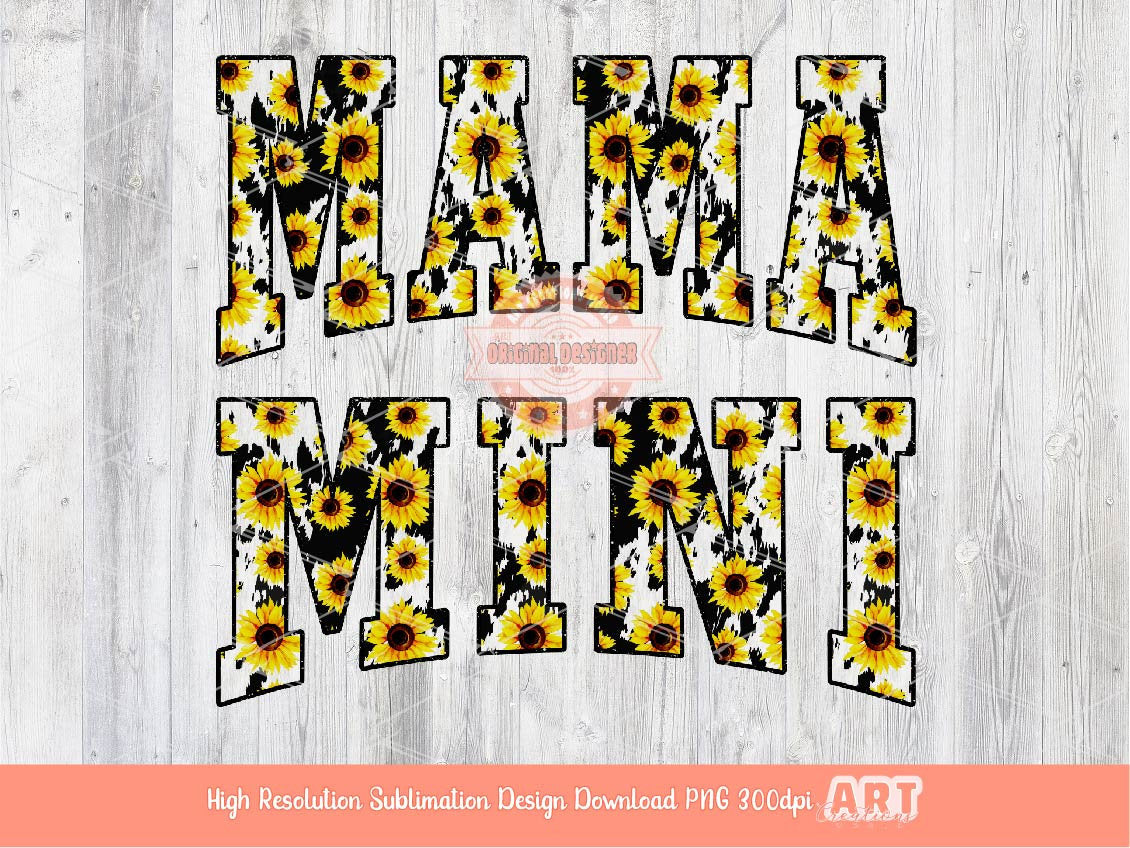 Mama Mini Sunflower Cow Print PNG, Cute Western Mommy and me Varsity Shirt Design, Matching Mother & Daughter Sublimation Digital Download